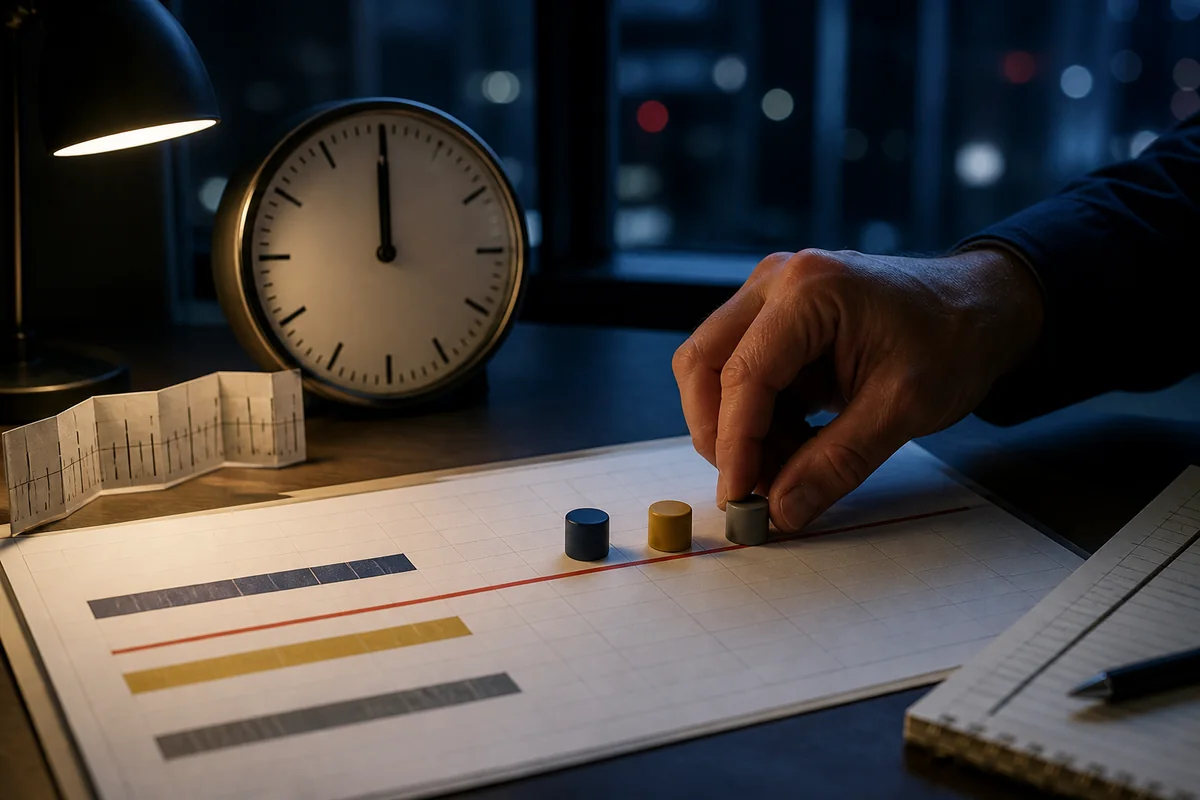 A trader recalculates closed loss, open exposure and costs beside a midnight reset clock